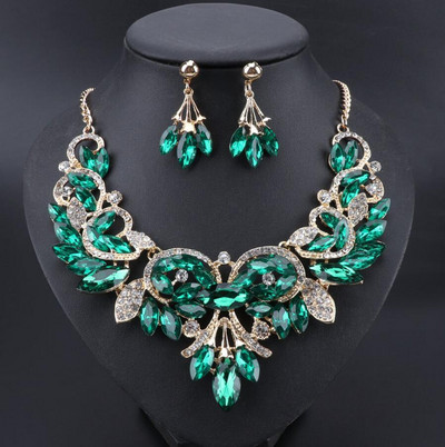 Noi seturi de bijuterii de mireasa indiene de lux Bijuterii costumate pentru nunta Cadouri de moda pentru femei Frunze Colier de cristal Seturi de cercei