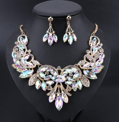 Noi seturi de bijuterii de mireasa indiene de lux Bijuterii costumate pentru nunta Cadouri de moda pentru femei Frunze Colier de cristal Seturi de cercei