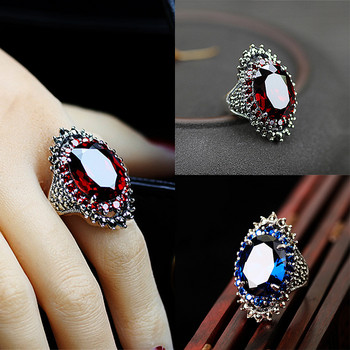 Луксозен мъжки женски голям овален пръстен с червен нар Прекрасен пръстен с червен син камък Обещаващи сватбени годежни пръстени за мъже и жени