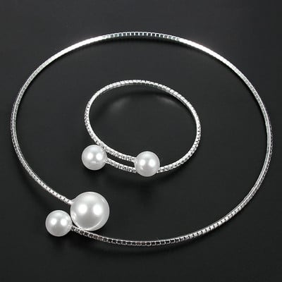2 bucăți/set european de perle simulate chokers colier brățar set de bijuterii reglabil pentru femei mireasa nunta petrecere accesorii
