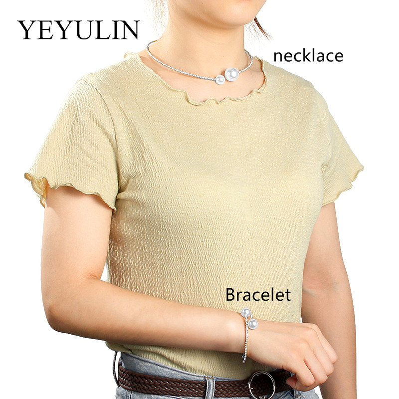 2 bucăți/set european de perle simulate chokers colier brățar set de bijuterii reglabil pentru femei mireasa nunta petrecere accesorii