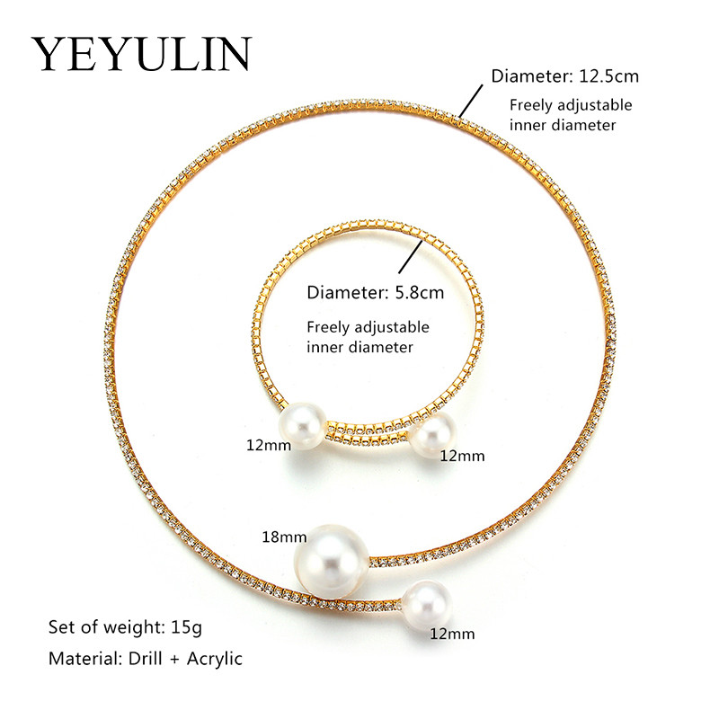 2 bucăți/set european de perle simulate chokers colier brățar set de bijuterii reglabil pentru femei mireasa nunta petrecere accesorii