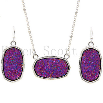 Овална смола Druzy Drusy висулка Колие Шестоъгълна друза Талисмани Капкови обеци Цвят Моден комплект бижута Подарък