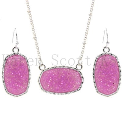 Ovális Gyanta Druzy Drusy Medál Nyaklánc Hatszögletű Druse Charms Csepp fülbevaló Színes Divat Ékszer Szett Ajándék