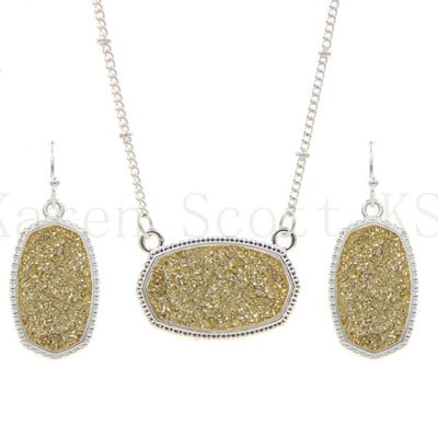 Ovális Gyanta Druzy Drusy Medál Nyaklánc Hatszögletű Druse Charms Csepp fülbevaló Színes Divat Ékszer Szett Ajándék