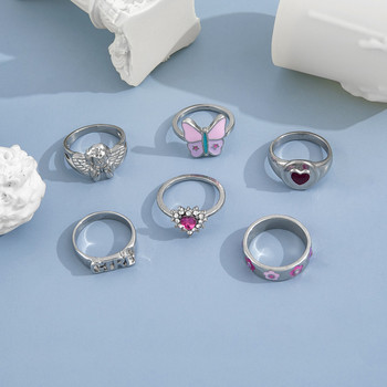 Aprilwell Сладък комплект пръстени с розова пеперуда за жени Готически ангел с буква \