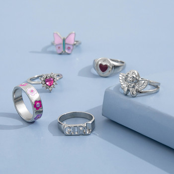 Aprilwell Сладък комплект пръстени с розова пеперуда за жени Готически ангел с буква \