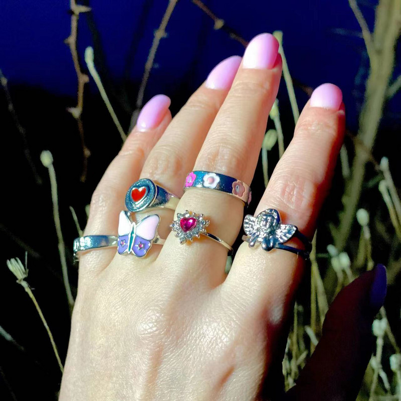 Aprilwell aranyos rózsaszín pillangós gyűrű szett nőknek gótikus angyalbetűs "GIRL" kristály esztétikus szív Anillos pár ékszer ajándékok