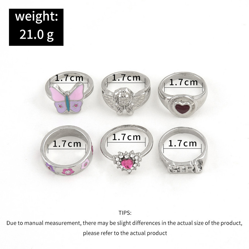 Aprilwell aranyos rózsaszín pillangós gyűrű szett nőknek gótikus angyalbetűs "GIRL" kristály esztétikus szív Anillos pár ékszer ajándékok