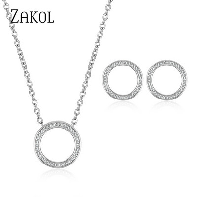 ZAKOL Fashion Sliver Color Circle Stud Stud Auskarai Kaklo papuošalų rinkinys elegantiškoms moterims Paprastas cirkonio kristalo vestuvinis papuošalas SP3016
