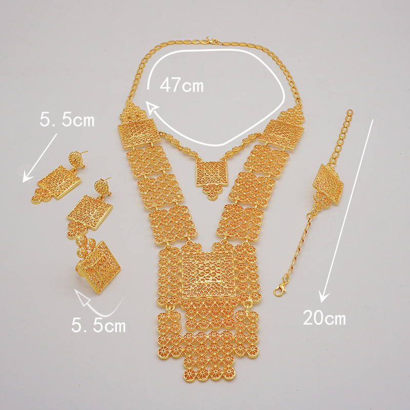 Indijas juvelierizstrādājumu komplekts Zelta krāsa Kāzu kāzu Etiopija Dubaija Nigērijas Āfrikas Kaklarota Auskari Rokassprādzes Gredzenu Juvelierizstrādājumu komplekts