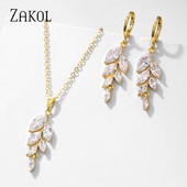 ZAKOL Set de colier de cercei cu cârlig de frunze de zirconiu cubic în stil polonez pentru femei, rochie de bijuterii de nuntă elegantă de mireasă