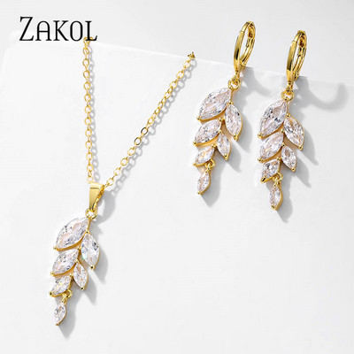 ZAKOL Set de colier de cercei cu cârlig de frunze de zirconiu cubic în stil polonez pentru femei, rochie de bijuterii de nuntă elegantă de mireasă