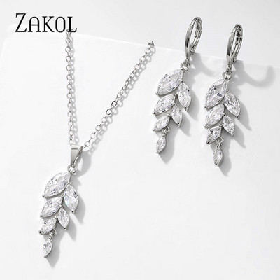 ZAKOL Set de colier de cercei cu cârlig de frunze de zirconiu cubic în stil polonez pentru femei, rochie de bijuterii de nuntă elegantă de mireasă