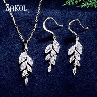 ZAKOL Set de colier de cercei cu cârlig de frunze de zirconiu cubic în stil polonez pentru femei, rochie de bijuterii de nuntă elegantă de mireasă
