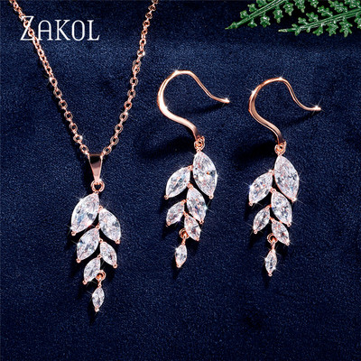 ZAKOL Set de colier de cercei cu cârlig de frunze de zirconiu cubic în stil polonez pentru femei, rochie de bijuterii de nuntă elegantă de mireasă