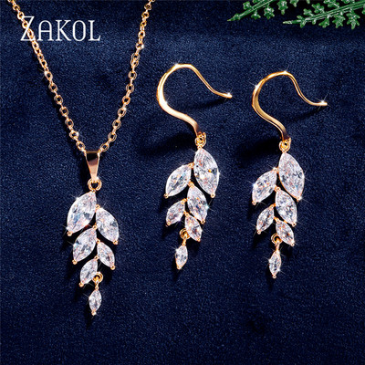 ZAKOL Set de colier de cercei cu cârlig de frunze de zirconiu cubic în stil polonez pentru femei, rochie de bijuterii de nuntă elegantă de mireasă