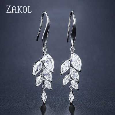 ZAKOL Set de colier de cercei cu cârlig de frunze de zirconiu cubic în stil polonez pentru femei, rochie de bijuterii de nuntă elegantă de mireasă