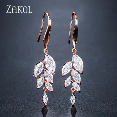 ZAKOL Set de colier de cercei cu cârlig de frunze de zirconiu cubic în stil polonez pentru femei, rochie de bijuterii de nuntă elegantă de mireasă