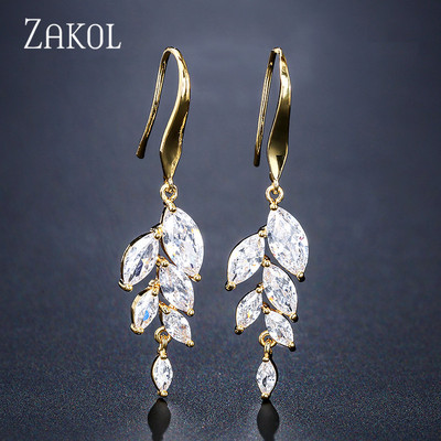 ZAKOL Set de colier de cercei cu cârlig de frunze de zirconiu cubic în stil polonez pentru femei, rochie de bijuterii de nuntă elegantă de mireasă