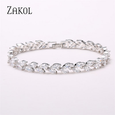 ZAKOL Set de colier de cercei cu cârlig de frunze de zirconiu cubic în stil polonez pentru femei, rochie de bijuterii de nuntă elegantă de mireasă