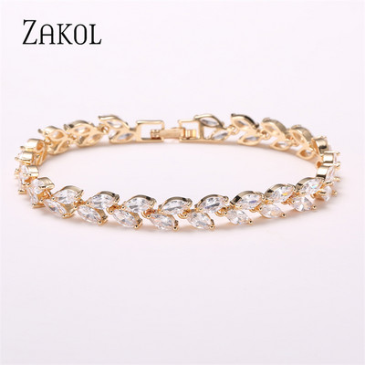 ZAKOL Set de colier de cercei cu cârlig de frunze de zirconiu cubic în stil polonez pentru femei, rochie de bijuterii de nuntă elegantă de mireasă