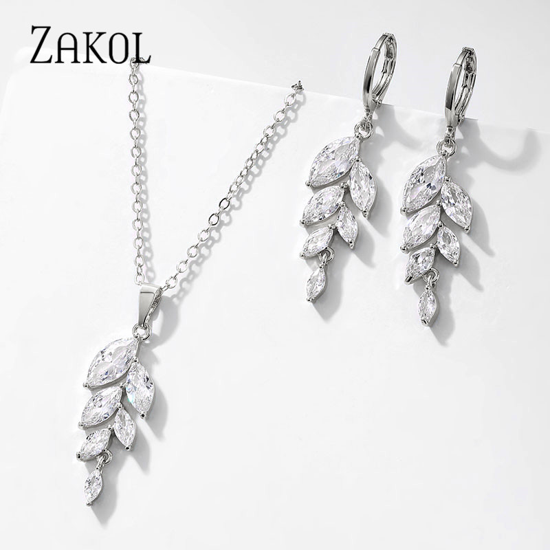 ZAKOL Set de colier de cercei cu cârlig de frunze de zirconiu cubic în stil polonez pentru femei, rochie de bijuterii de nuntă elegantă de mireasă