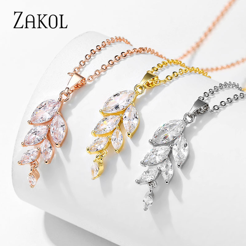 ZAKOL Set de colier de cercei cu cârlig de frunze de zirconiu cubic în stil polonez pentru femei, rochie de bijuterii de nuntă elegantă de mireasă