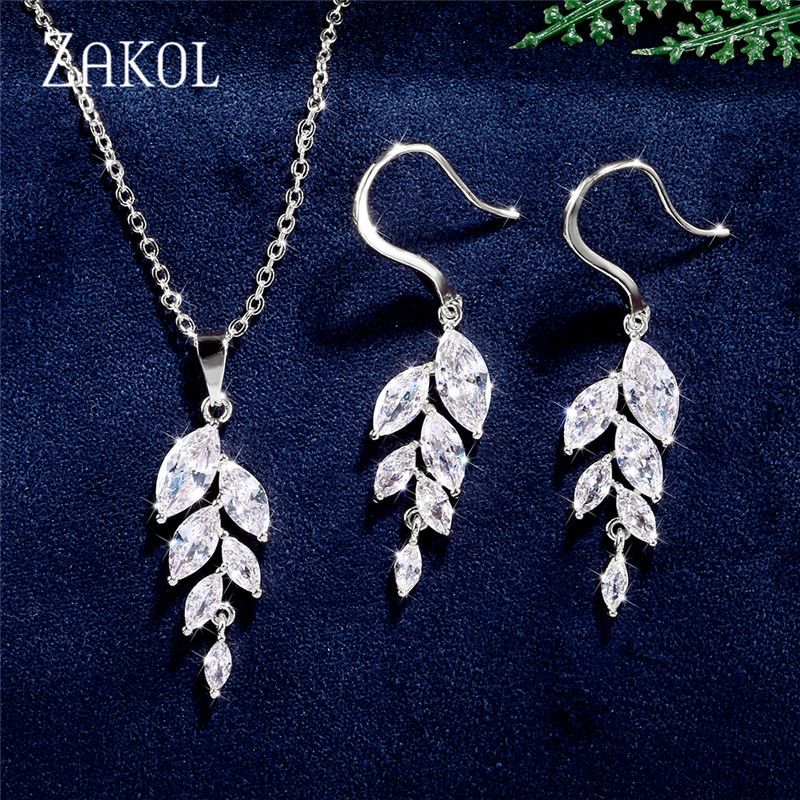 ZAKOL Set de colier de cercei cu cârlig de frunze de zirconiu cubic în stil polonez pentru femei, rochie de bijuterii de nuntă elegantă de mireasă