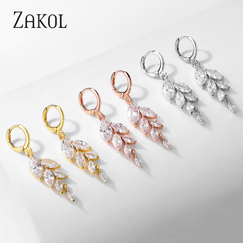 ZAKOL Set de colier de cercei cu cârlig de frunze de zirconiu cubic în stil polonez pentru femei, rochie de bijuterii de nuntă elegantă de mireasă