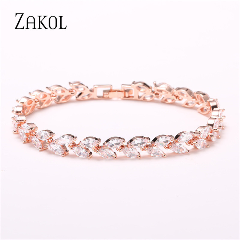 ZAKOL Set de colier de cercei cu cârlig de frunze de zirconiu cubic în stil polonez pentru femei, rochie de bijuterii de nuntă elegantă de mireasă