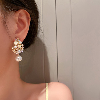 2021 New Arrival Simulated-pearl Vintage Geometric Simple Micro Inlaid Hollow Flower Pearl Γυναικεία κρεμαστά σκουλαρίκια