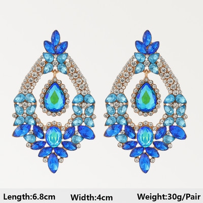 Тъмносини серии Дълги висящи обеци за жени Тенденция за 2022 г. Луксозни цветя Геометрични акрилни кристали Ретро бижута с чар