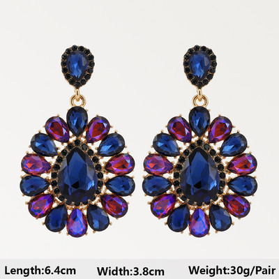 Тъмносини серии Дълги висящи обеци за жени Тенденция за 2022 г. Луксозни цветя Геометрични акрилни кристали Ретро бижута с чар