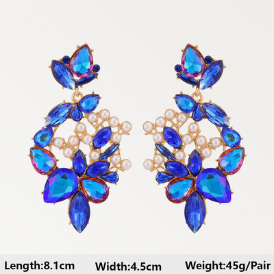 Тъмносини серии Дълги висящи обеци за жени Тенденция за 2022 г. Луксозни цветя Геометрични акрилни кристали Ретро бижута с чар