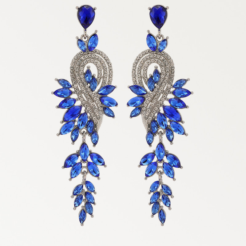 Тъмносини серии Дълги висящи обеци за жени Тенденция за 2022 г. Луксозни цветя Геометрични акрилни кристали Ретро бижута с чар