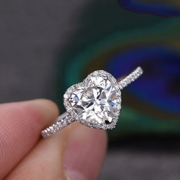 Луксозен сребърен пръстен със сърце за жени Изискан моден метален инкрустиран с бели циркониеви камъни Сватбен пръстен Годежни бижута