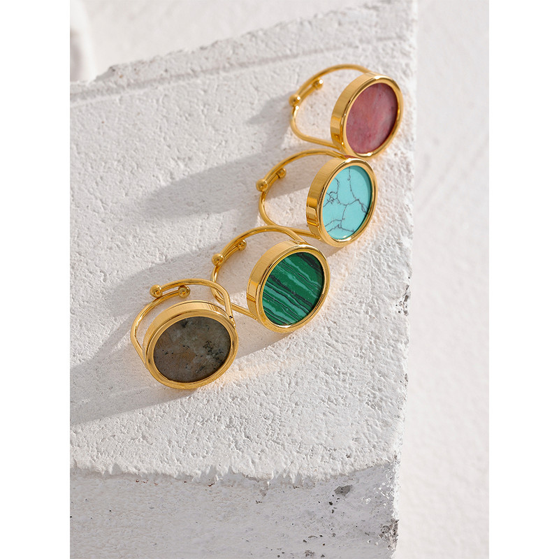 Yhpup türkiz malachit rodokrozit kő rozsdamentes acél vízálló állítható gyűrű női divat varázs Franciaország ékszerek