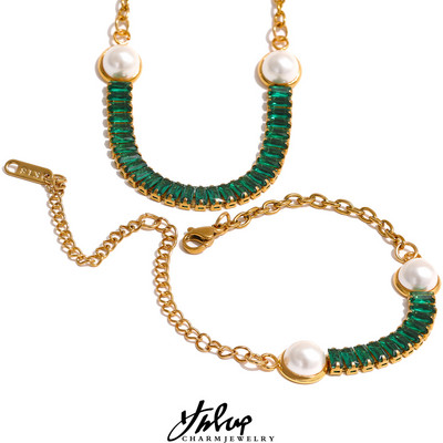 Yhpup Fashion White Green Елегантен кубичен цирконий имитация на перли Колие от неръждаема стомана Гривна Charm Chain Комплекти бижута