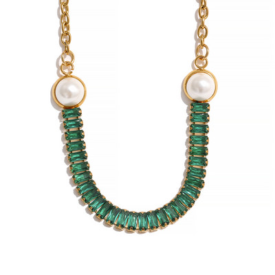 Yhpup Fashion, alb, verde, elegant, zirconiu cubic, imitație de perle, din oțel inoxidabil, colier, brățară, lanț cu farmec, seturi de bijuterii