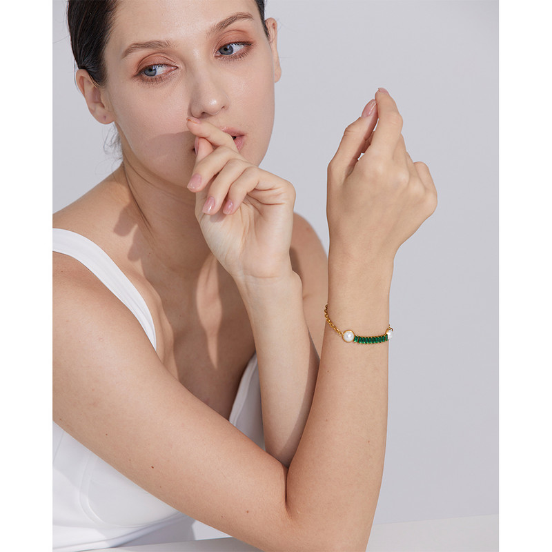 Yhpup Fashion, alb, verde, elegant, zirconiu cubic, imitație de perle, din oțel inoxidabil, colier, brățară, lanț cu farmec, seturi de bijuterii