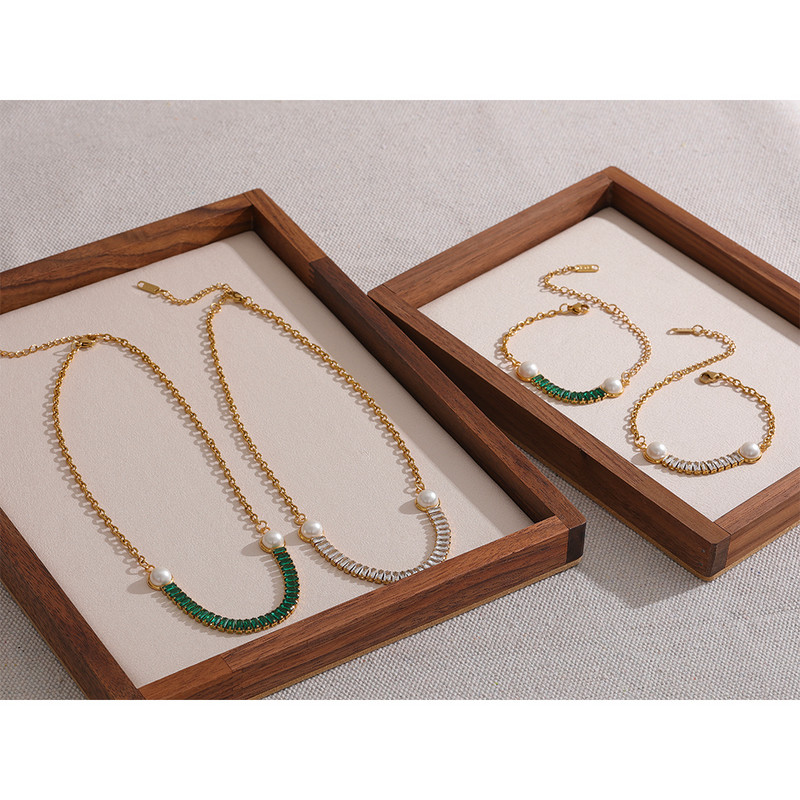 Yhpup Fashion, alb, verde, elegant, zirconiu cubic, imitație de perle, din oțel inoxidabil, colier, brățară, lanț cu farmec, seturi de bijuterii