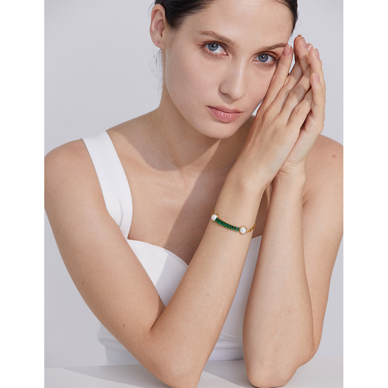 Yhpup Fashion, alb, verde, elegant, zirconiu cubic, imitație de perle, din oțel inoxidabil, colier, brățară, lanț cu farmec, seturi de bijuterii