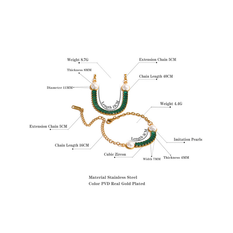 Yhpup Fashion, alb, verde, elegant, zirconiu cubic, imitație de perle, din oțel inoxidabil, colier, brățară, lanț cu farmec, seturi de bijuterii