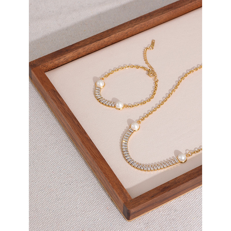 Yhpup Fashion, alb, verde, elegant, zirconiu cubic, imitație de perle, din oțel inoxidabil, colier, brățară, lanț cu farmec, seturi de bijuterii