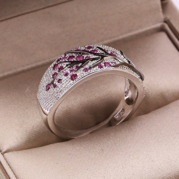 Πολυτελές ασημί χρώμα Plum Blossom Branch Stones Cubic Zirconia Γυναικεία δαχτυλίδια Μόδα κοσμήματα Βέρες γάμου για γυναίκες Κοσμήματα