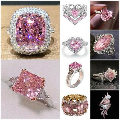 Моден пръстен с голям розов камък Чар Бижута Дамски CZ Сватбени обещания Годежни Дамски аксесоари Подаръци Z4K146