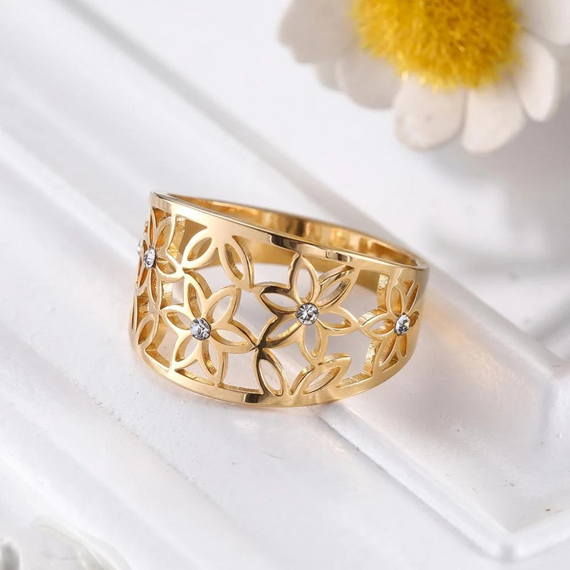 Teamer Elegant Flower Zircon Finger Ring Δαχτυλίδι από ανοξείδωτο ατσάλι Μαύρα casual δαχτυλίδια αρραβώνων Κοσμήματα 2023 Δώρα για την Ημέρα του Αγίου Βαλεντίνου