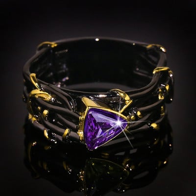 Inel de damă cu design unic cu personalitate exagerată, aur negru, triunghi de tungsten, verde zircon, inel de nuntă cu cristale.
