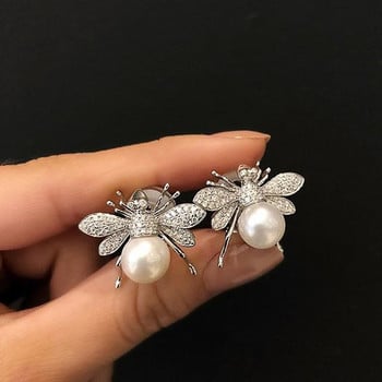 Huitan Fashion Simulated Pearl Bee Stud σκουλαρίκια για κορίτσια με κρυστάλλινα κυβικά σκουλαρίκια ζιργκόν, χαριτωμένα σκουλαρίκια ζώων, καθημερινή χρήση Γυναικεία κοσμήματα